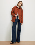 Veronica Beard Rust wool blazer, gray hoodie, dark wash flare