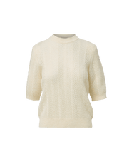 Veronica Beard Cream knit sweater with short sleeves and mock neck.