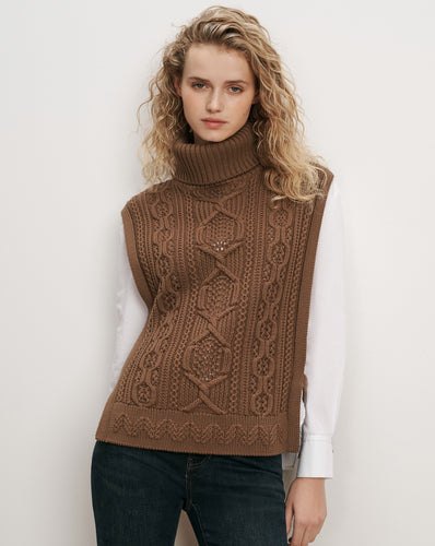 Veronica Beard Brown cable knit turtleneck sweater vest.