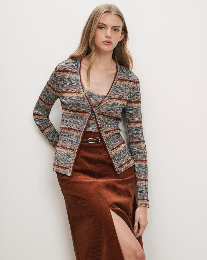 Veronica Beard Striped knit cardigan and tank, brown corduroy skirt