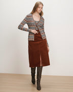 Veronica Beard Brown corduroy midi skirt with front slit.