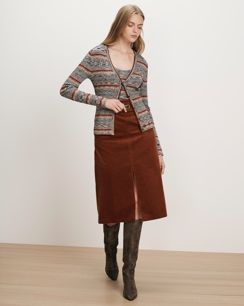 Veronica Beard Brown corduroy midi skirt with front slit.