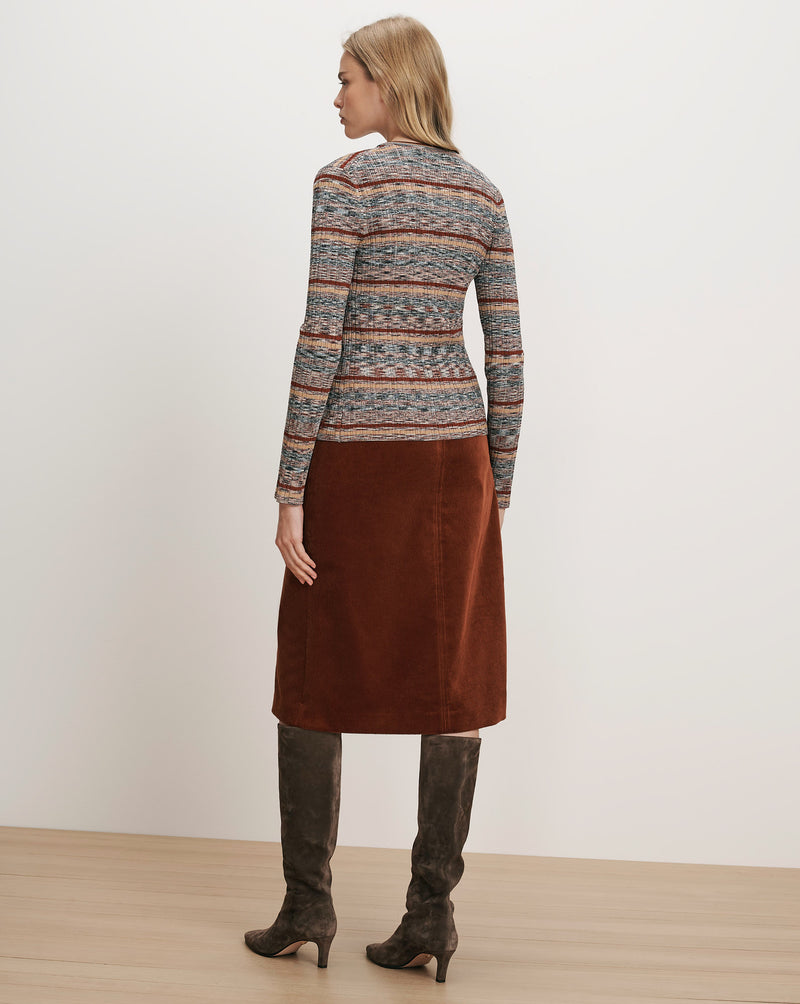 Veronica Beard Striped knit top and brown corduroy skirt.
