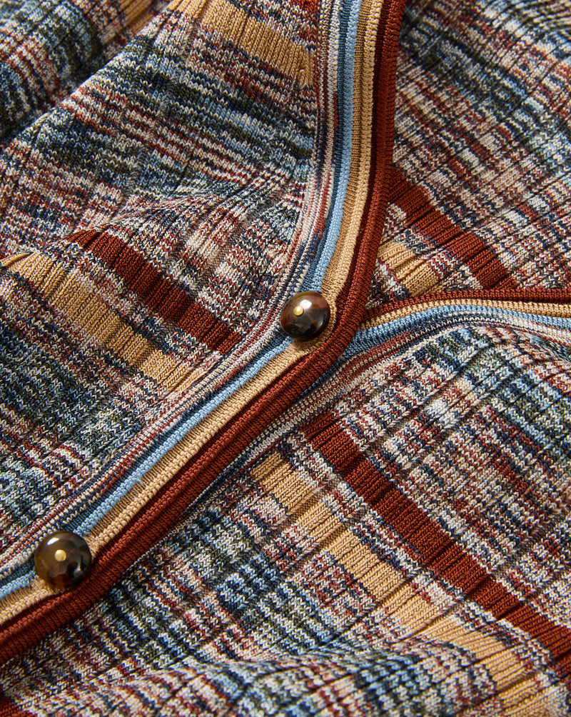 Veronica Beard Brown plaid knit cardigan with striped trim and buttons.