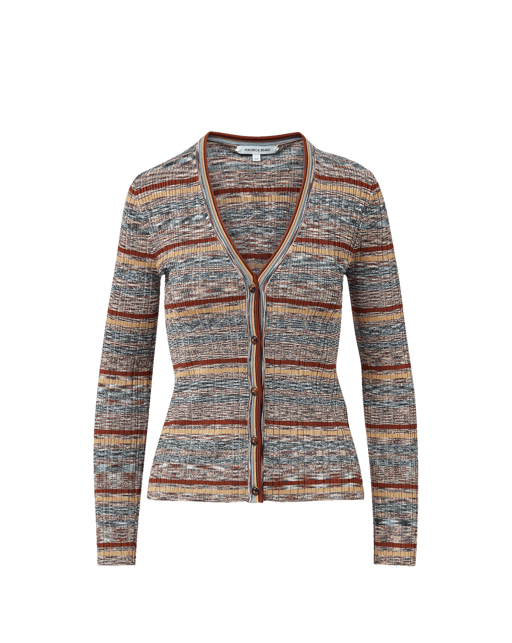 Veronica Beard Striped knit cardigan with V-neck and button closure.