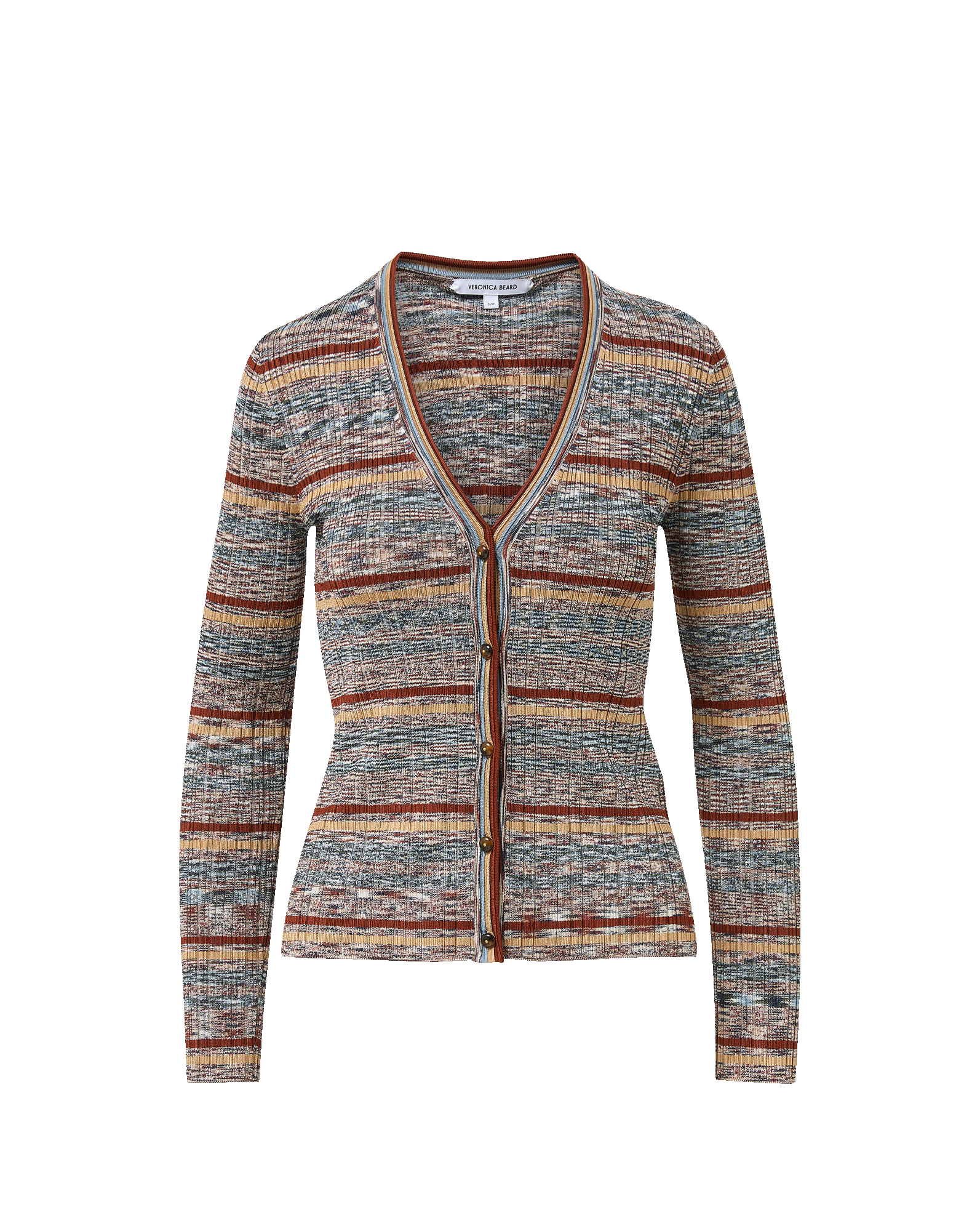 Veronica Beard Striped knit cardigan with V-neck and button closure.