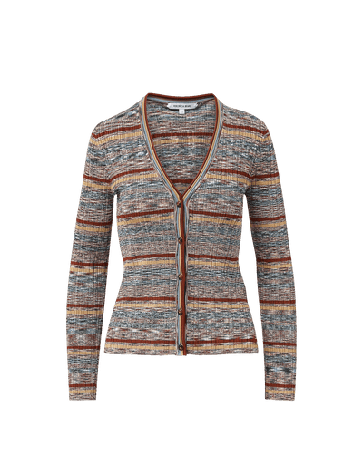 Veronica Beard Striped knit cardigan with V-neck and button closure.