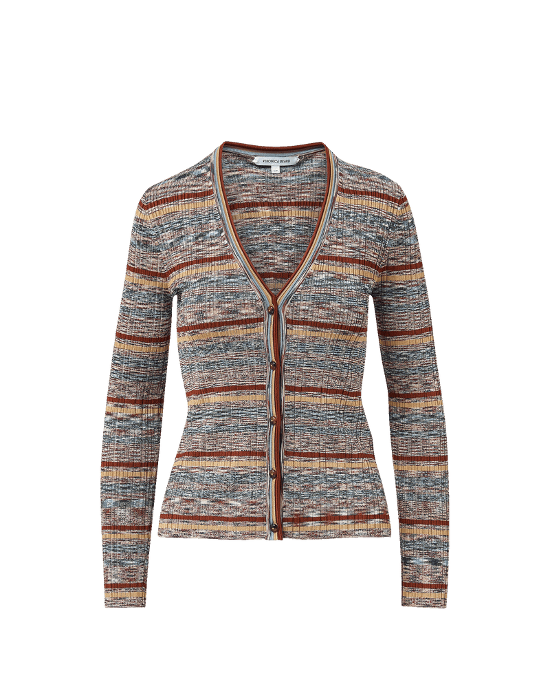 Veronica Beard Striped knit cardigan with V-neck and button closure.