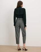 Veronica Beard Black silk blouse, gray wool trousers