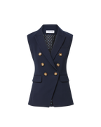 Veronica Beard Navy sleeveless double-breasted blazer with gold buttons.