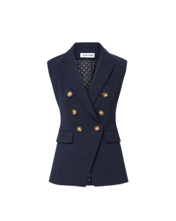 Veronica Beard Navy sleeveless double-breasted blazer with gold buttons.