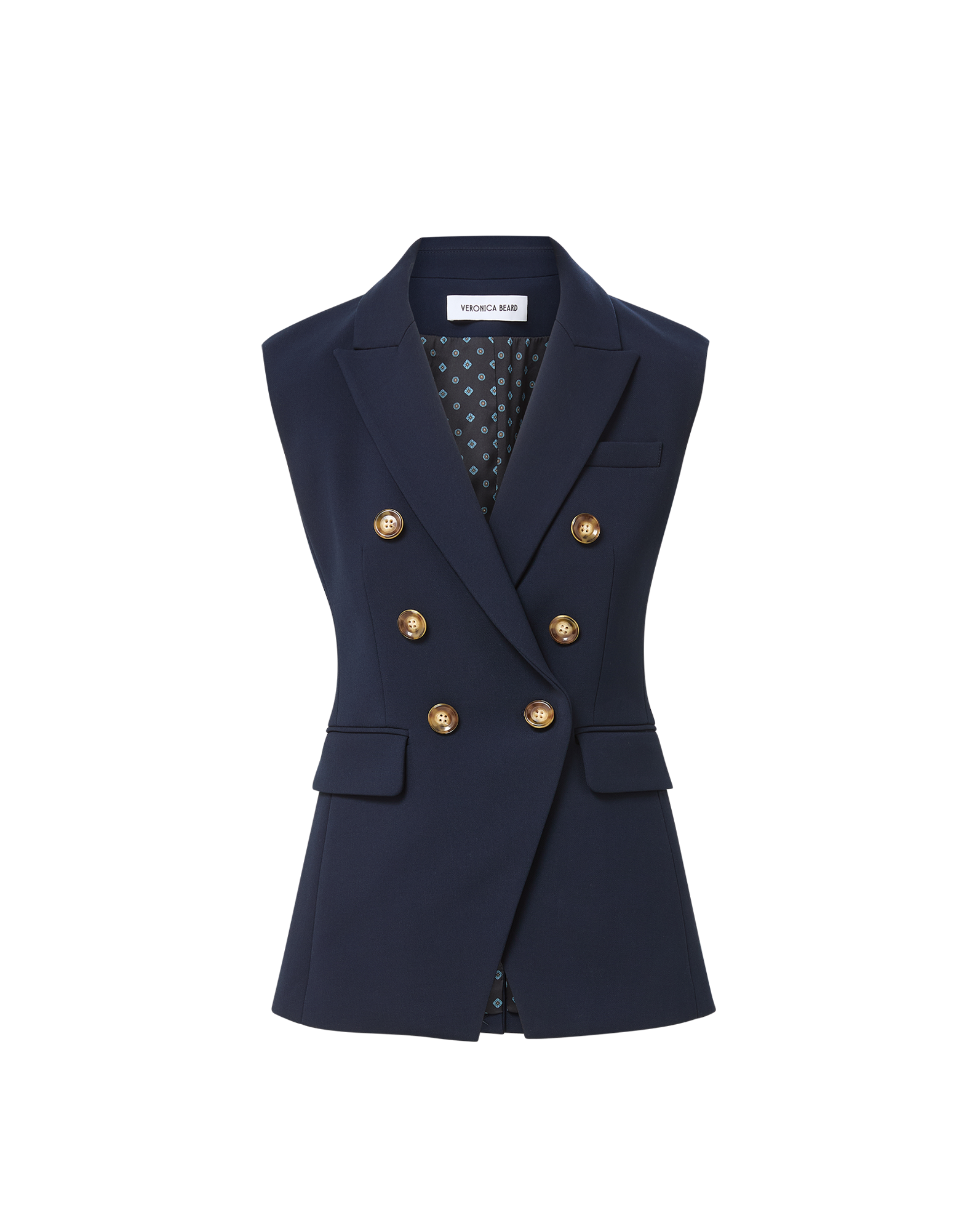 Veronica Beard Navy sleeveless double-breasted blazer with gold buttons.