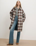 Veronica Beard Plaid wool blend coat, gray sweater, blue jeans.