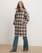 Veronica Beard Plaid wool coat with brown buttons.