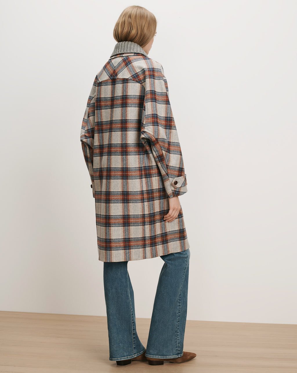 Veronica Beard Plaid wool coat, long, with button cuffs.