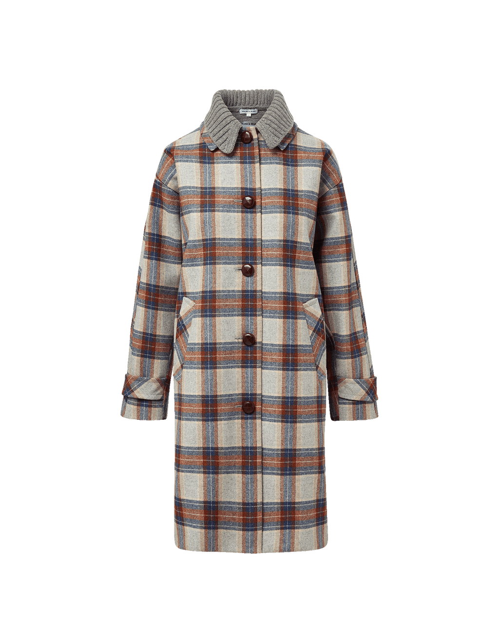 Veronica Beard Plaid wool coat with ribbed collar and button closure.