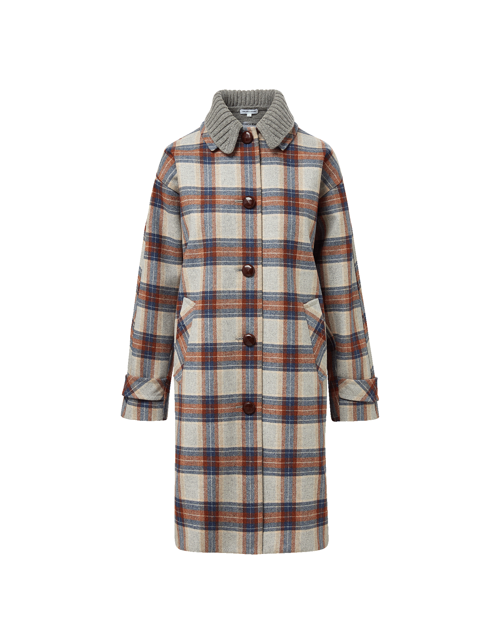 Veronica Beard Plaid wool coat with ribbed collar and button closure.