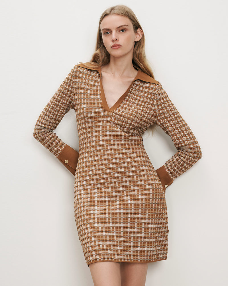 Veronica Beard Brown plaid knit mini dress with collar