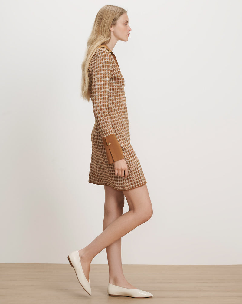 Veronica Beard Brown plaid mini dress with tan collar and cuffs.
