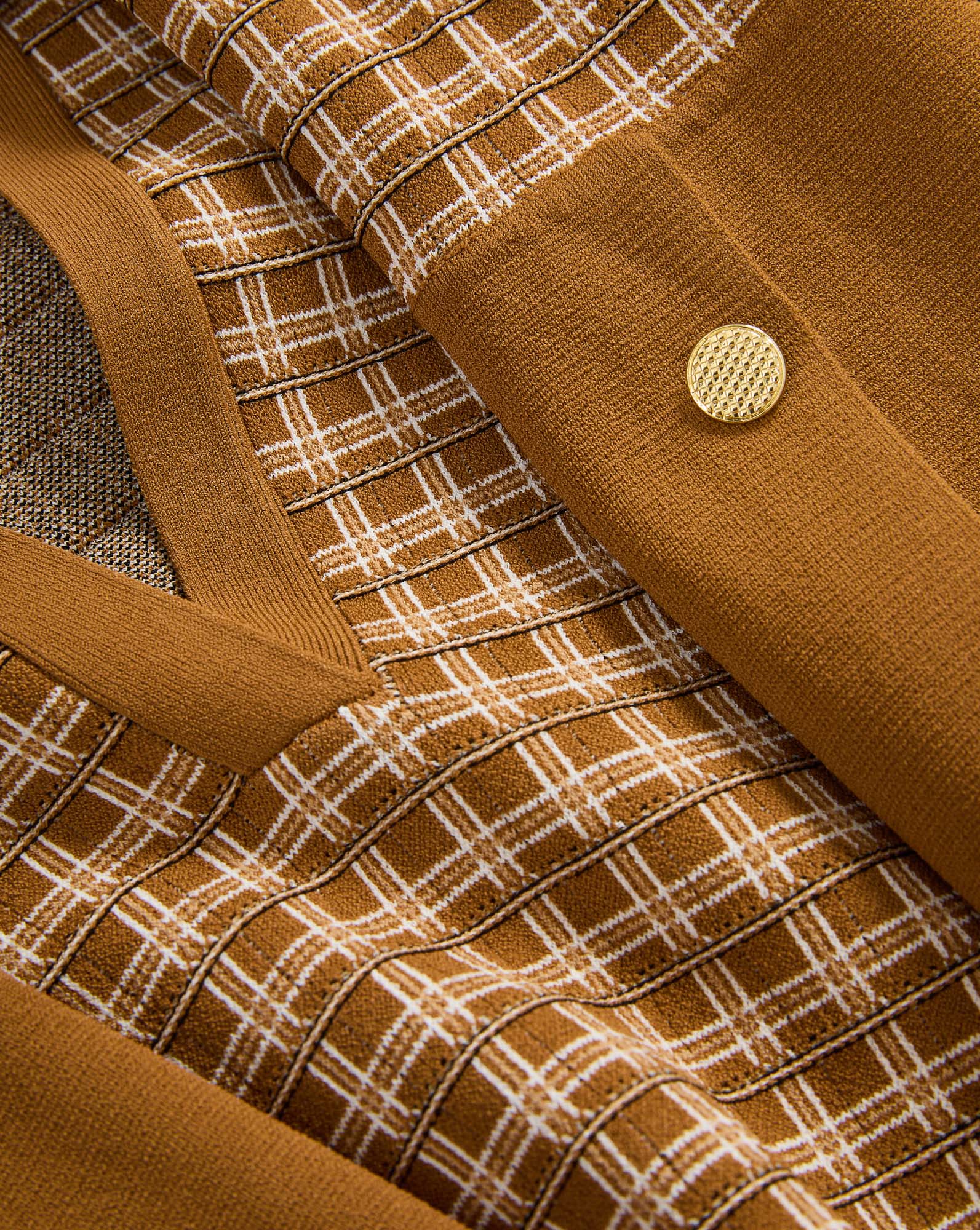 Veronica Beard Brown plaid knit cardigan with gold button.
