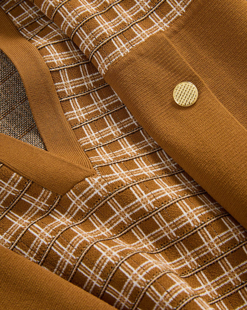Veronica Beard Brown plaid knit cardigan with gold button.