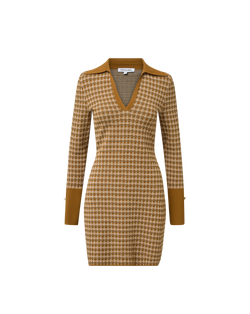 Veronica Beard Brown plaid knit mini dress with collar.