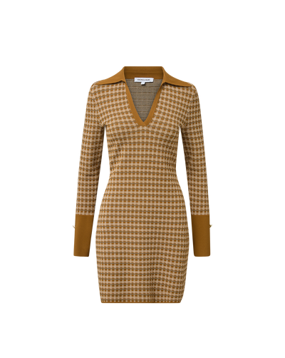 Veronica Beard Brown plaid knit mini dress with collar.