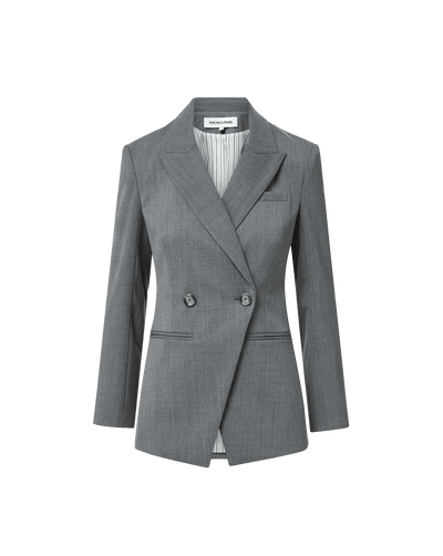 Veronica Beard Gray double-breasted blazer with striped lining.