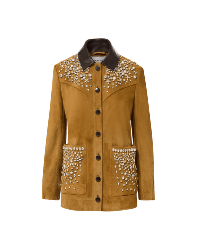 Veronica Beard Brown suede jacket with crystal embellishments and leather collar.