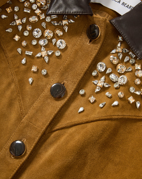 Veronica Beard Brown suede jacket with crystal embellishments and leather collar.