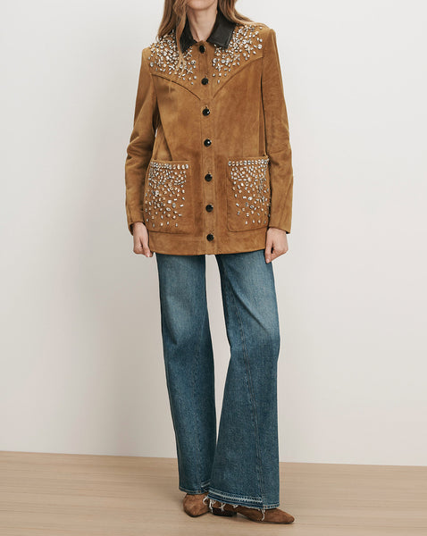 Veronica Beard Brown suede jacket with embellished collar and pockets.
