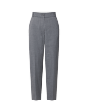 Veronica Beard Gray wool trousers, high-waisted, straight-leg, with single button closure.