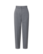 Veronica Beard Gray wool trousers, high-waisted, straight-leg, with single button closure.