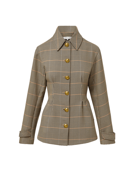 Veronica Beard Brown plaid fitted jacket with gold buttons.