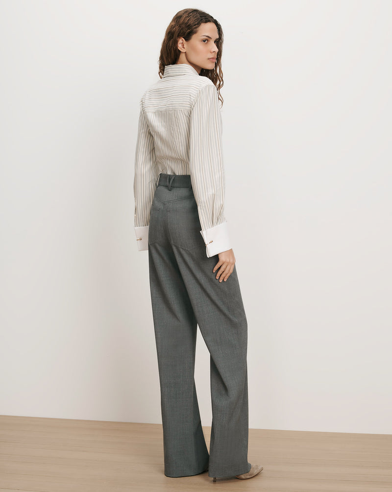 Veronica Beard White striped shirt, gray wide-leg trousers