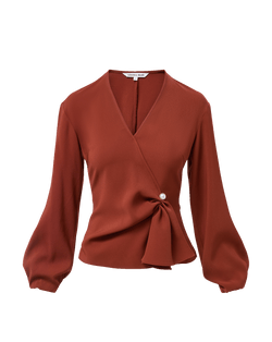 Veronica Beard Rust wrap blouse with pearl button detail.