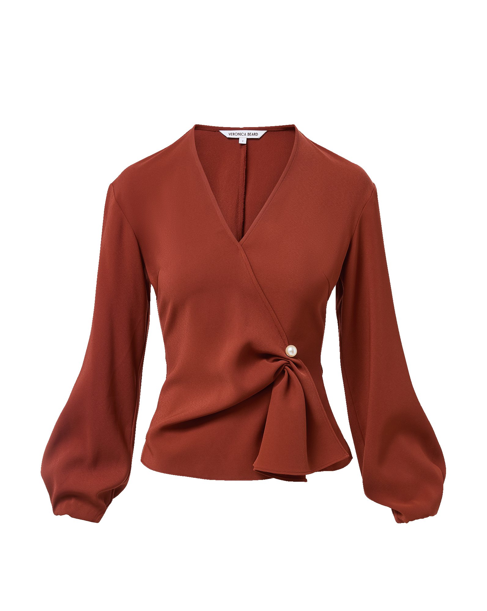 Veronica Beard Rust wrap blouse with pearl button detail.