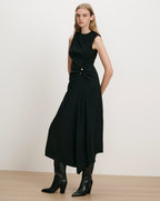 Veronica Beard Black sleeveless midi dress with gold button detail.