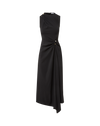 Veronica Beard Black sleeveless midi dress with draped skirt and gold button detail.