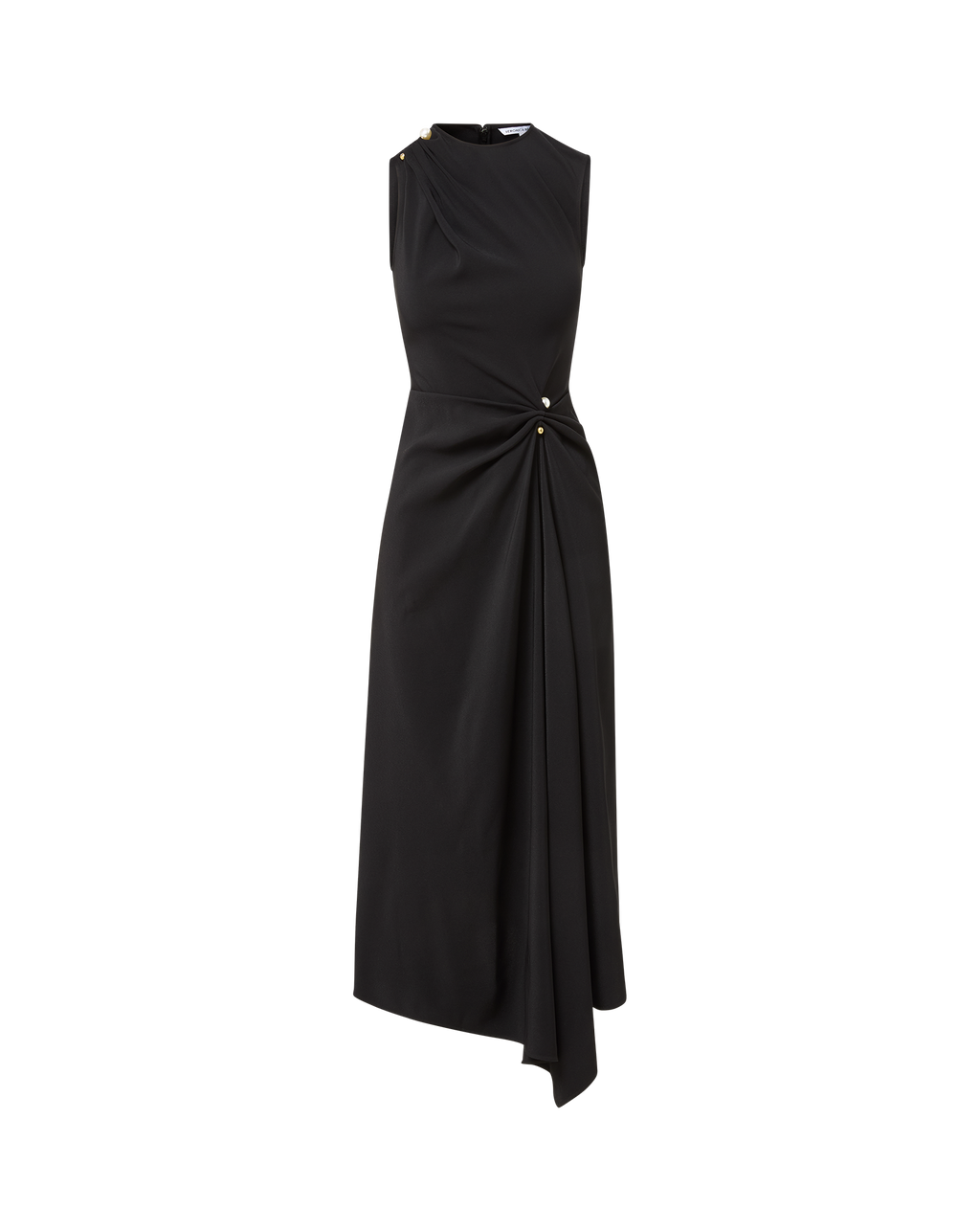 Veronica Beard Black sleeveless midi dress with draped skirt and gold button detail.