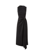 Veronica Beard Black sleeveless midi dress with draped skirt and gold button detail.