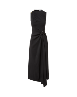 Veronica Beard Black sleeveless midi dress with draped skirt and gold button detail.