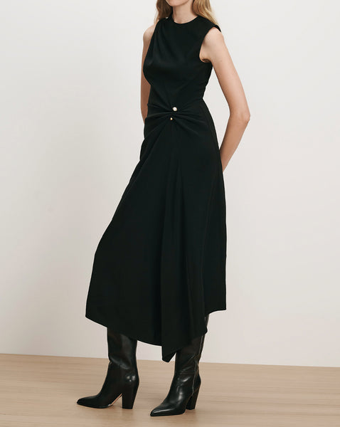 Veronica Beard Black sleeveless midi dress with gold button detail.