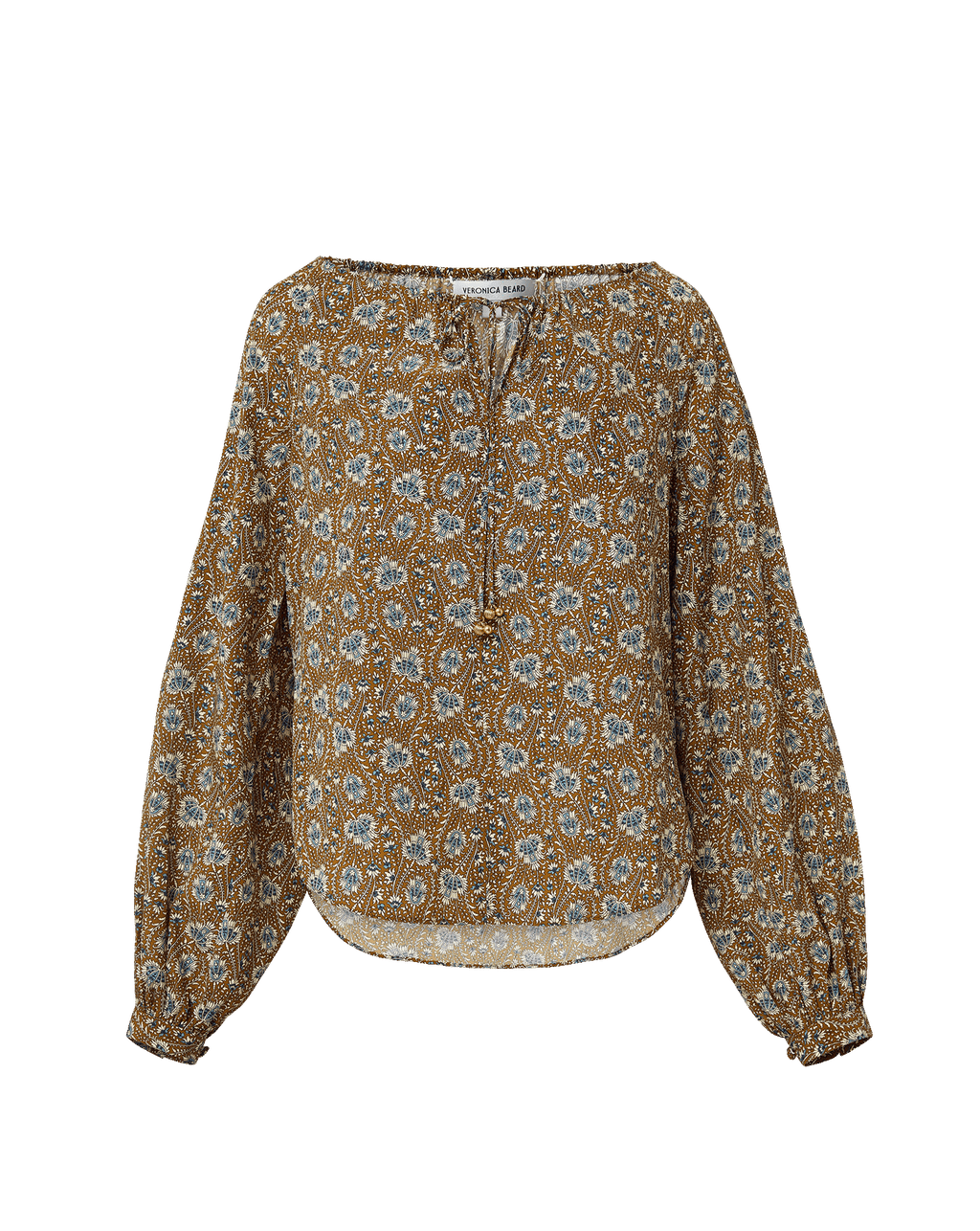 Veronica Beard Brown floral blouse with long sleeves and tie neck.