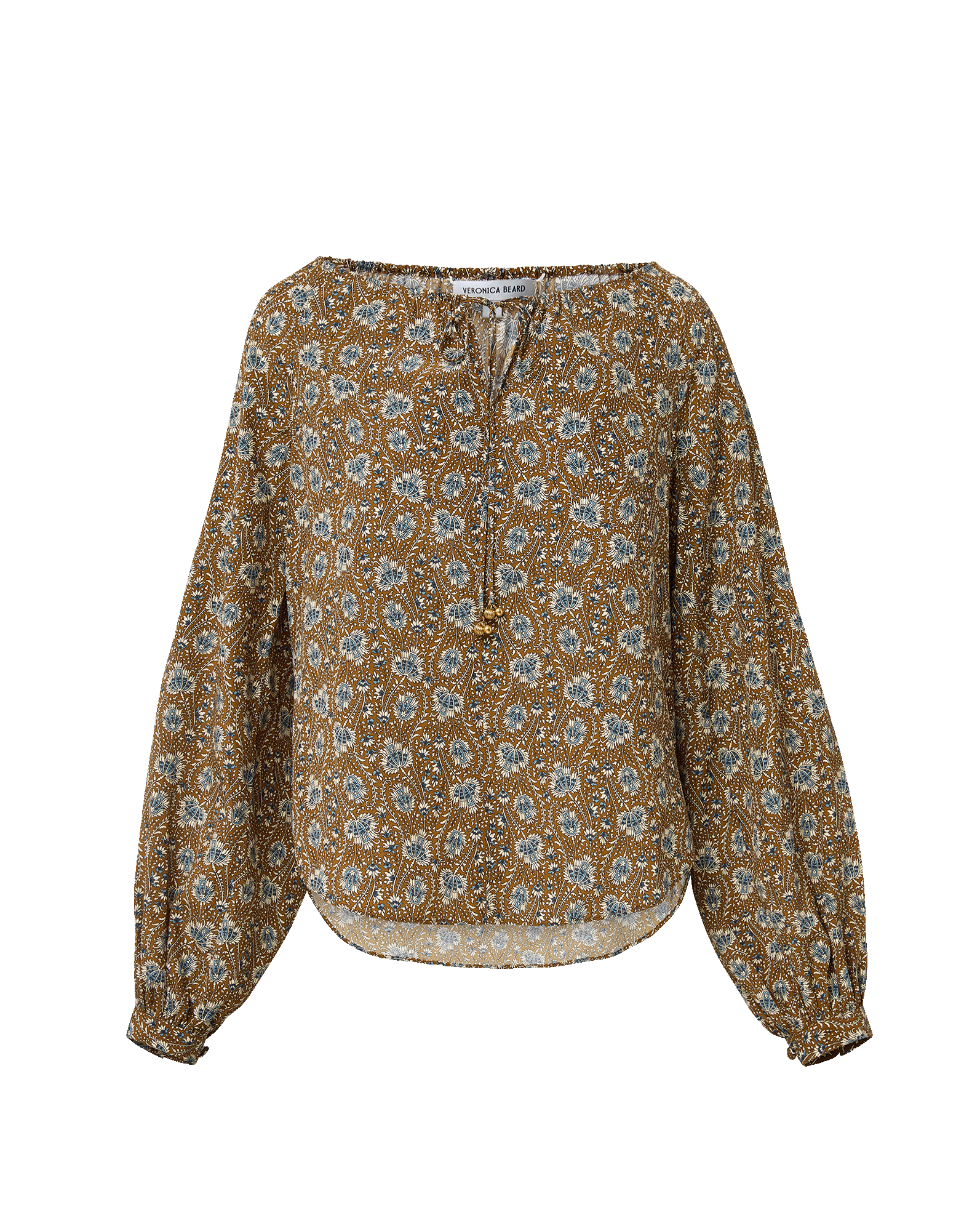 Veronica Beard Brown floral blouse with long sleeves and tie neck.