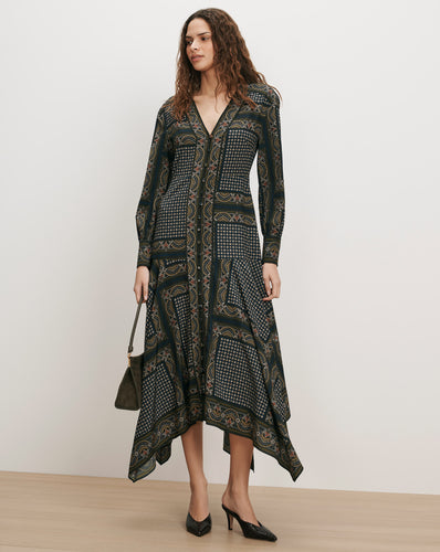Veronica Beard Dark green paisley print midi dress with handkerchief hem
