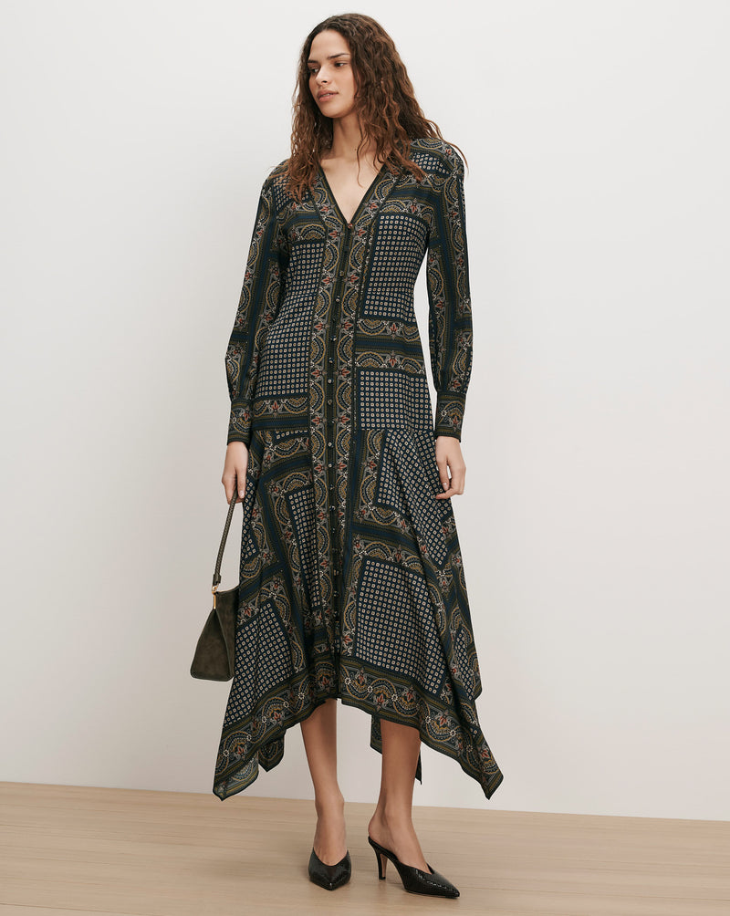 Veronica Beard Dark green paisley print midi dress with handkerchief hem