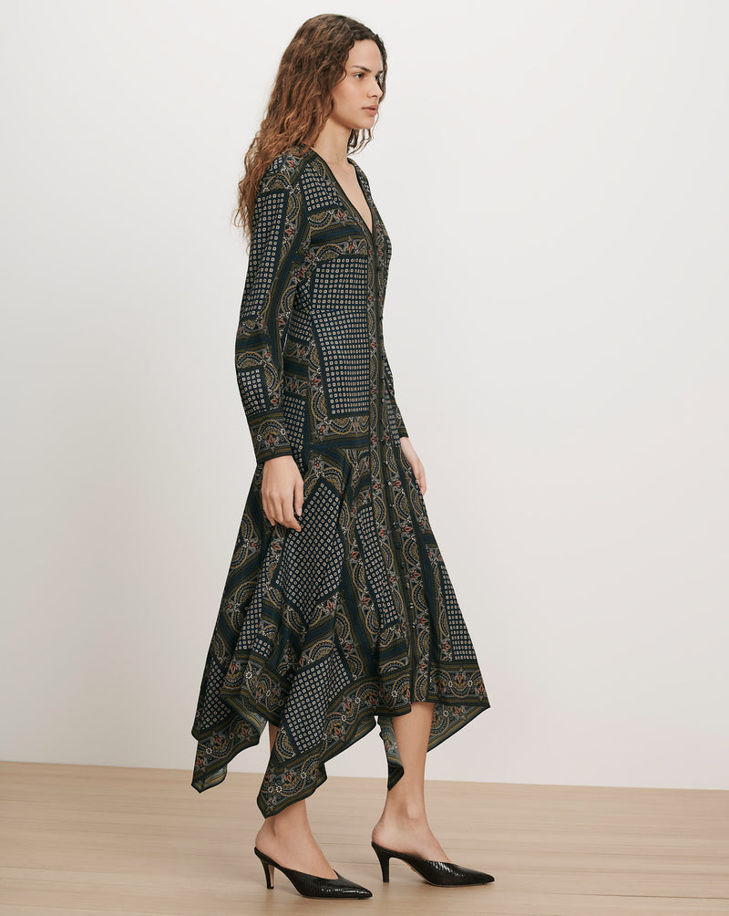 Veronica Beard Black patterned midi dress with handkerchief hem.