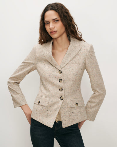 Veronica Beard Beige tweed blazer with notched lapels and flap pockets.