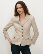 Veronica Beard Beige tweed blazer with notched lapels and flap pockets.